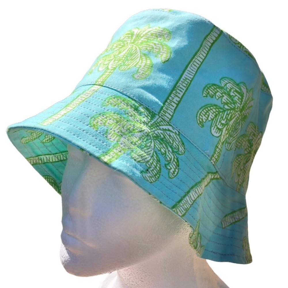 NWT GRAHAM KANDIAH New York Blue Toile Tropical Palm Tree Bucket Hat Size S $45